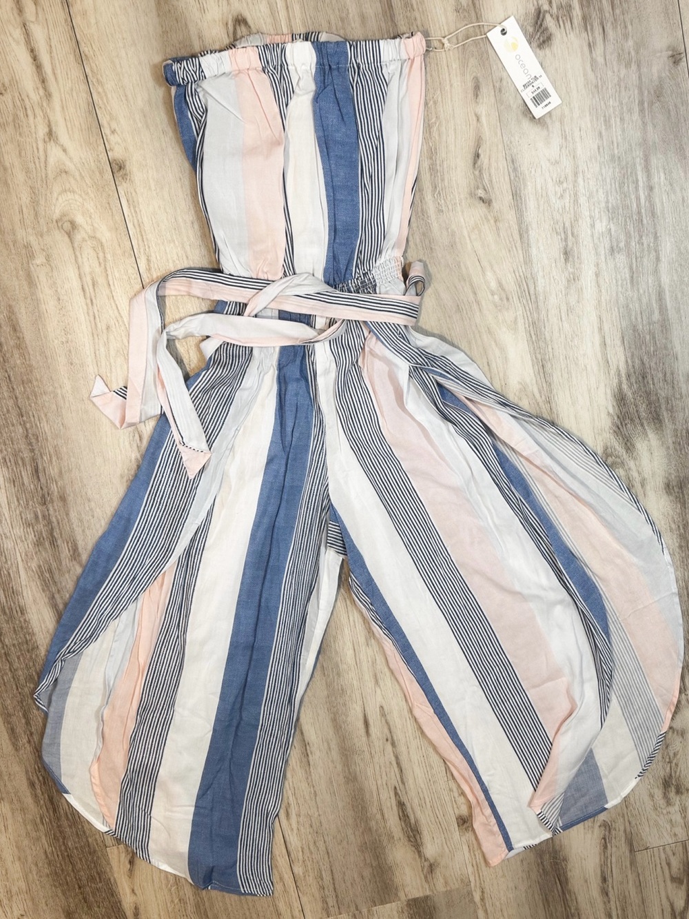 NWT Ocean Drive Strapless Wide-Leg Jumpsuit in Blue, Peach & White